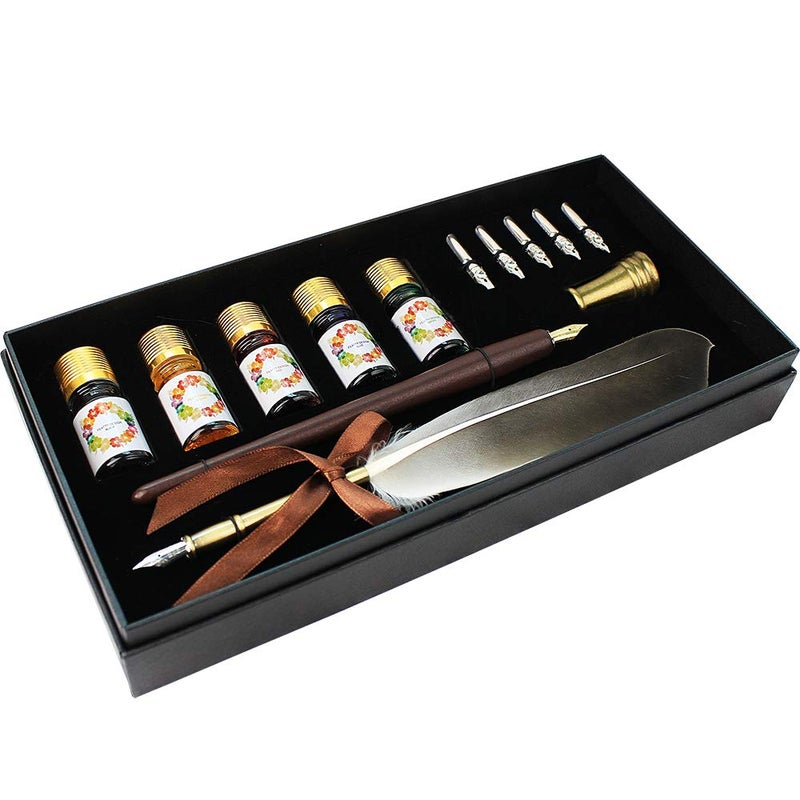 FEATTY GIFTS Calligraphy Pen Set,12-Piece Kit, 5 Nib & 5 Ink Set,Writing Quill Pen,Anitque Dip Feather Pen Set (wood+feather) - Image 1